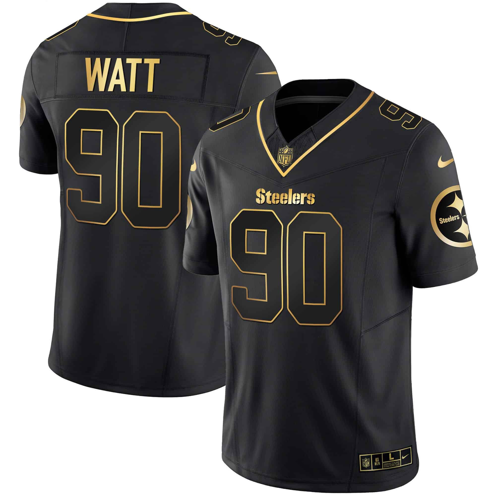 Men Pittsburgh Steelers #90 Watt Black Gold 2024 Nike Vapor Limited NFL Jersey style 2